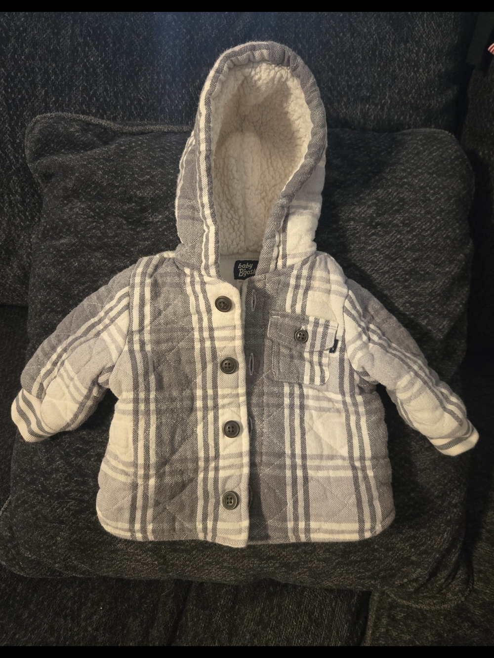 OshKosh B'gosh Gray & White Plaid Hooded Puffer Jacket